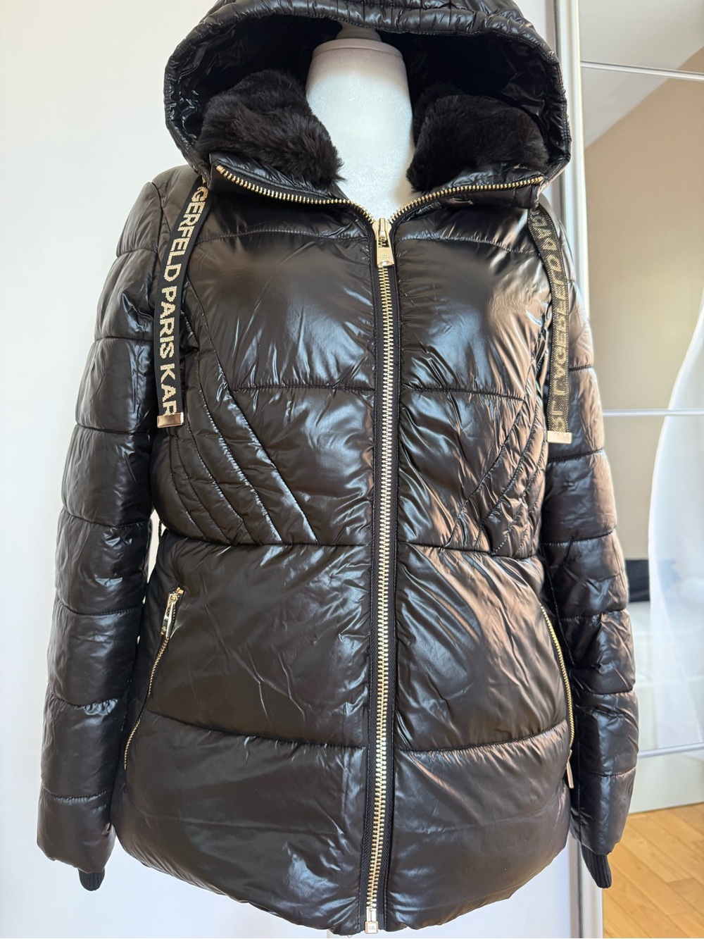 Karl Lagerfeld Shiny Black Quilted Puffer Jacket with Faux-Fur Trim